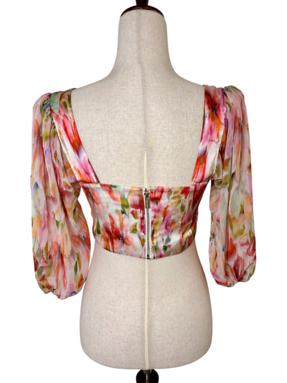 Marciano Guess Pink White Watercolor Satin Bustier Crop Top Sheer Sleeve Size 2 - Picture 6 of 10